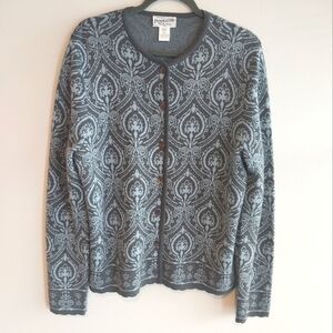 Pendleton Blue and Gray Damask Print 100% Merino Wool Cardigan